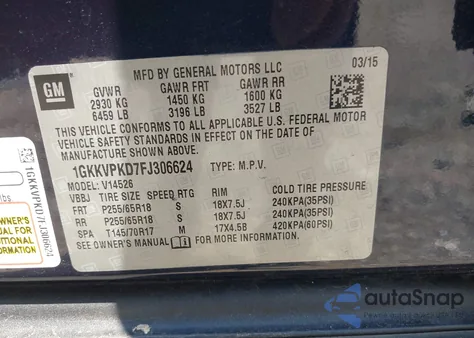 2015 GMC Acadia Sle-2 from USA, damaged, VIN 1GKKVPKD7FJ306624